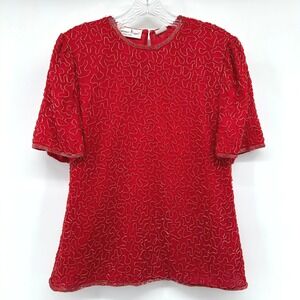 VTG 90s Laurence Kazar Red Beaded‎ Silk Party Top Size PP Glam Evening Art Deco